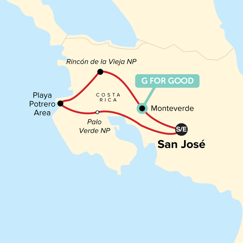Map of the route for Costa Rica Family Journey: From Rainforest to Coast