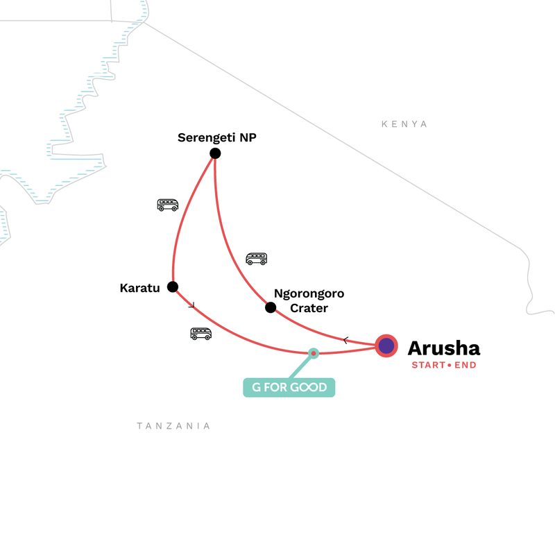 Map of the route for Tanzania: The Serengeti, Ngorongoro Crater & Local Flavours
