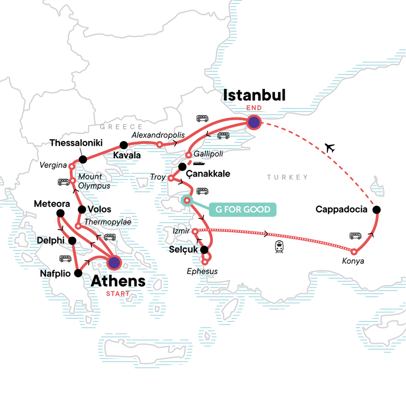 Map of the route for Classic Greece to Turkey Adventure