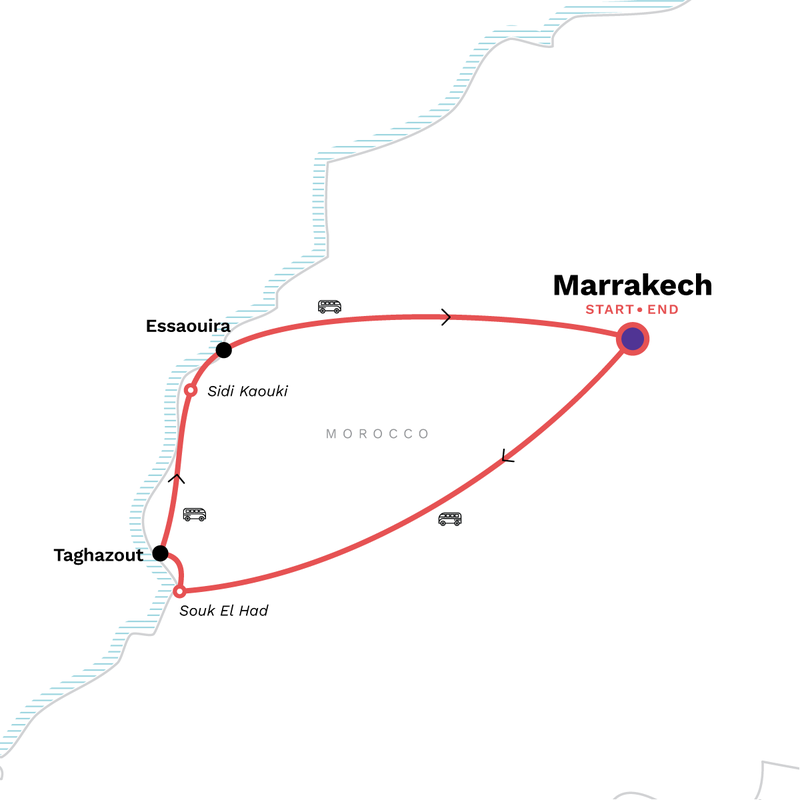 Map of the route for Coastal Morocco: Waves & Market Stalls