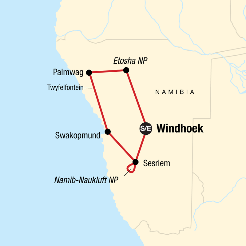 Map of the route for Journeys: Wonders of Namibia