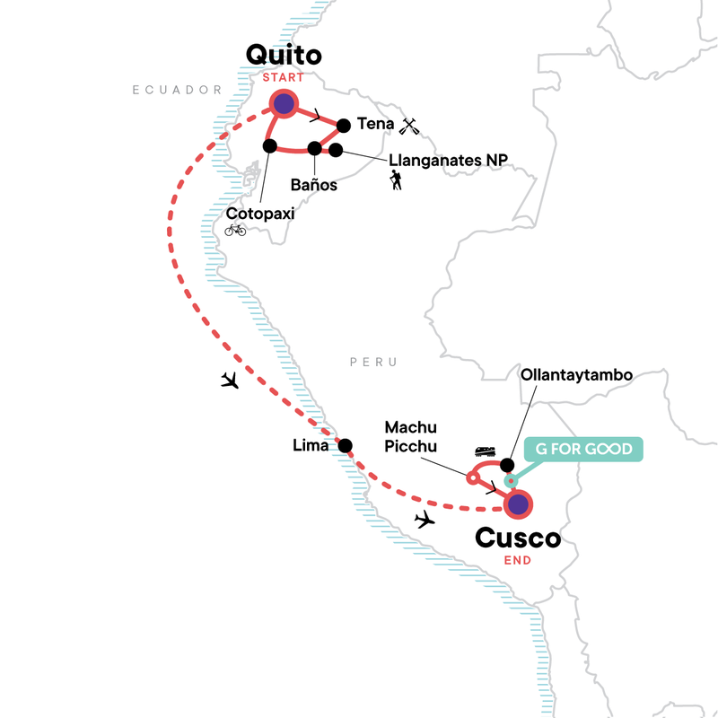 Map of the route for Active Ecuador & Peru