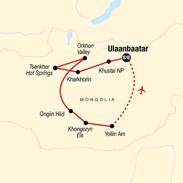 Map of the route for Discover Mongolia