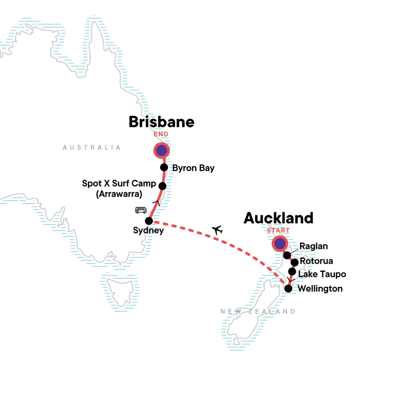 Map of the route for Australia and New Zealand: Surf Camps & Kiwi Highlights