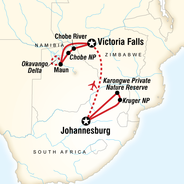 Map of the route for Kruger, Victoria Falls & Botswana Safari