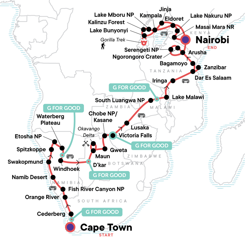Map of the route for Ultimate Africa: Safari Drives & the Savannah