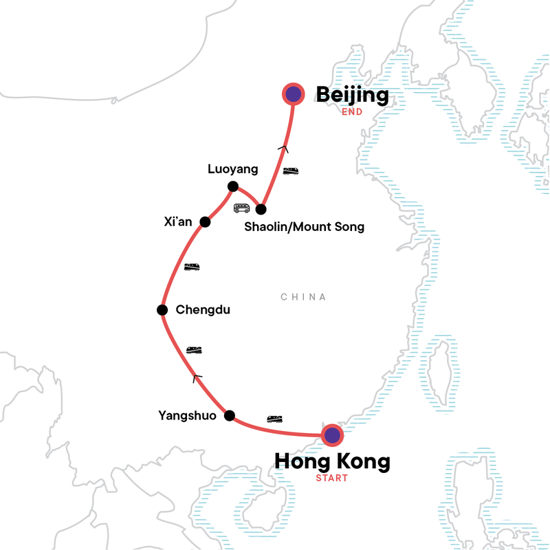 Map of the route for Hong Kong to Beijing: Food Stalls & Waterfalls