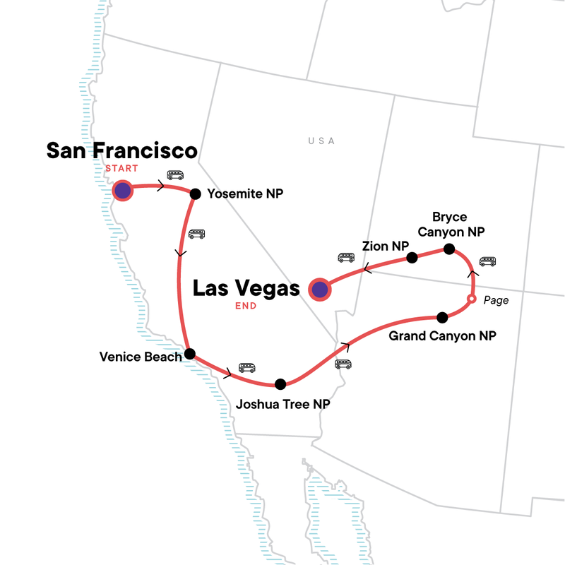 Map of the route for USA Road Trip — Yosemite, Canyons & Camping