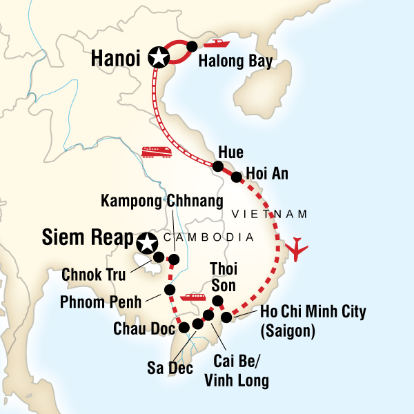 Map of the route for Classic Vietnam & Mekong River Adventure
