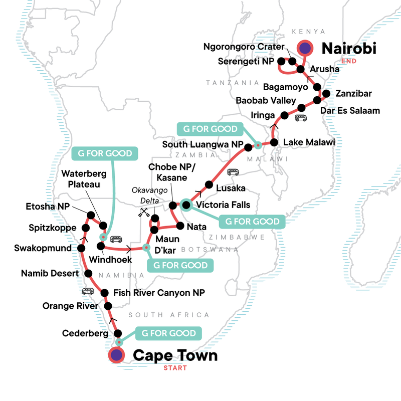 Map of the route for Cape Town to Nairobi Overland Safari & Participation Camping