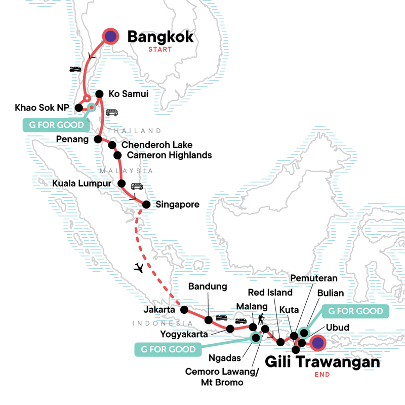 Map of the route for Bangkok to Bali Adventure: Street Eats & Beaches