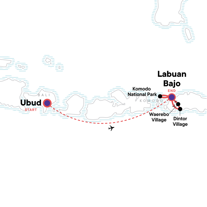 Map of the route for Ubud to Flores: Komodo Dragons, Beaches & Tribal Treks
