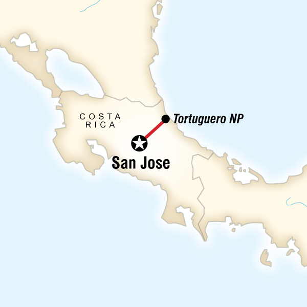 Map of the route for Turtles and Tortuguero Independent Adventure
