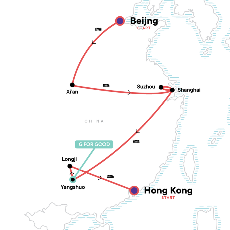 Map of the route for Classic Beijing to Hong Kong Adventure