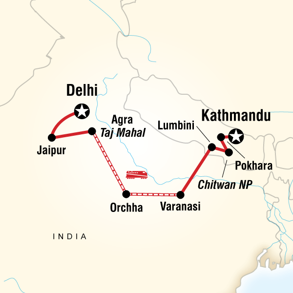 Map of the route for Delhi to Kathmandu Adventure