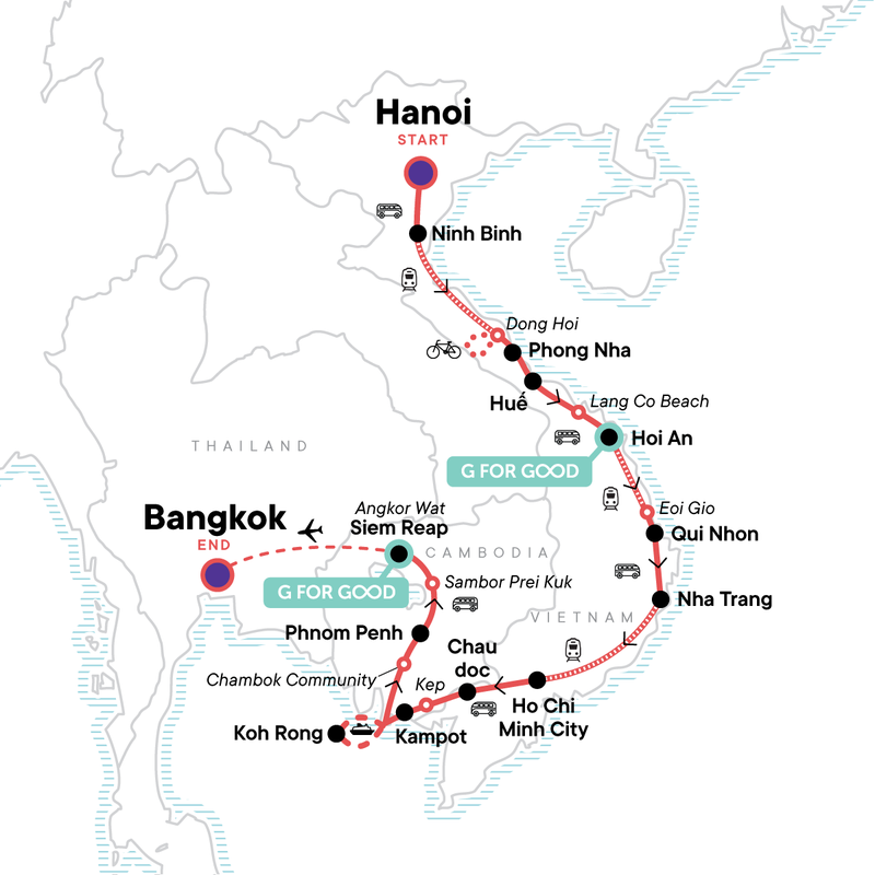 Map of the route for Essential Southeast Asia: Hanoi, Phnom Penh & Thailand Good Times