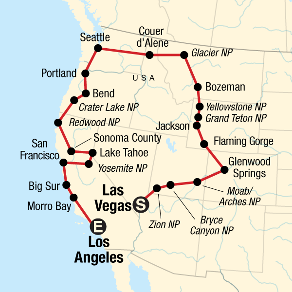 Map of the route for Vegas to Los Angeles Road Trip