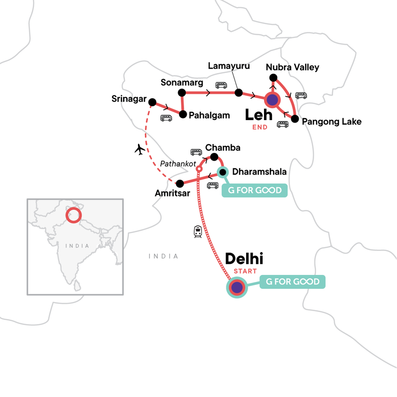 Map of the route for Northern India: Dharamshala, Kashmir & Ladakh Highlights
