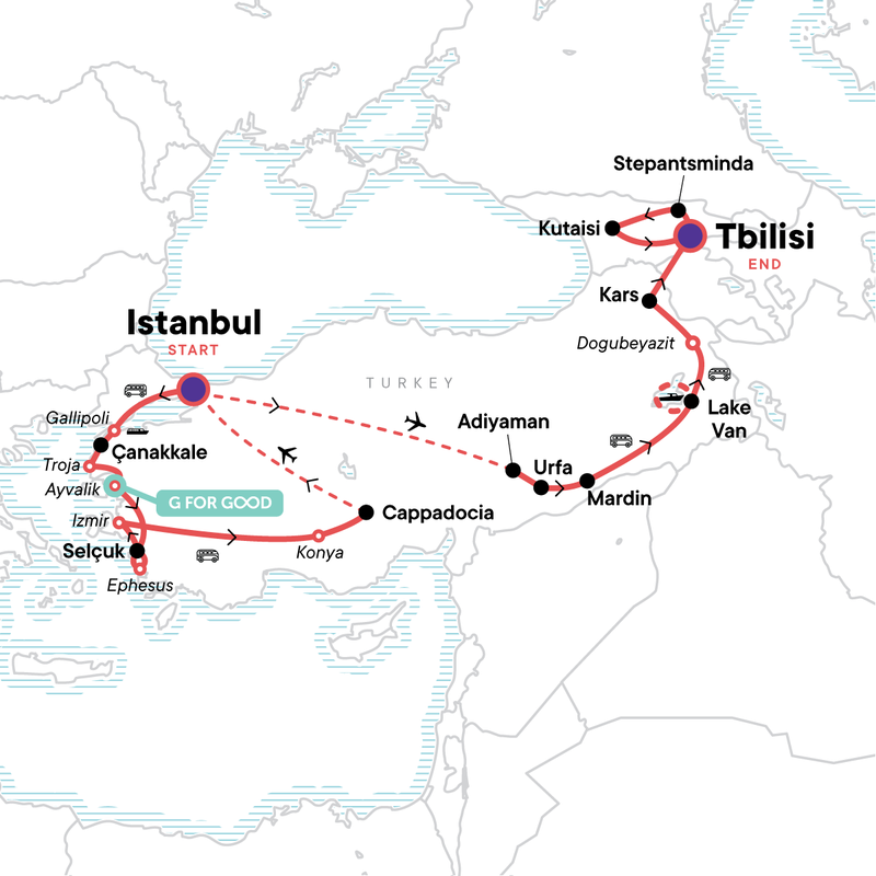 Map of the route for Turkey to Georgia Highlights