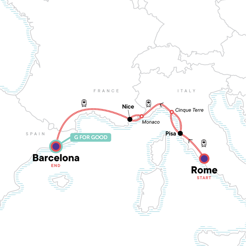 Map of the route for Mediterranean Express: Rivieras & Railroads