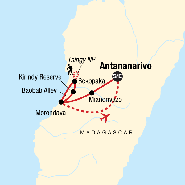 Map of the route for Madagascar - Baobab & Tsingy Explorer