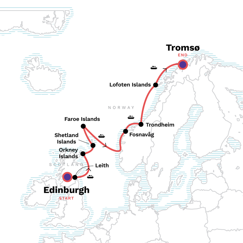 Map of the route for In the Wake of the Vikings: Orkney, Shetland & the Faroe Islands