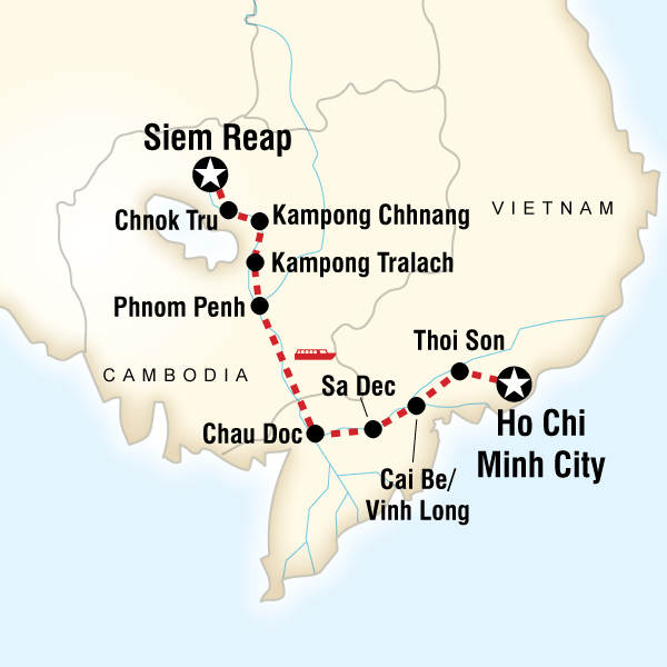 Map of the route for Mekong River Experience – Ho Chi Minh City to Siem Reap