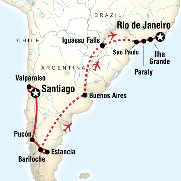 Map of the route for Andes, Iguassu & Beyond