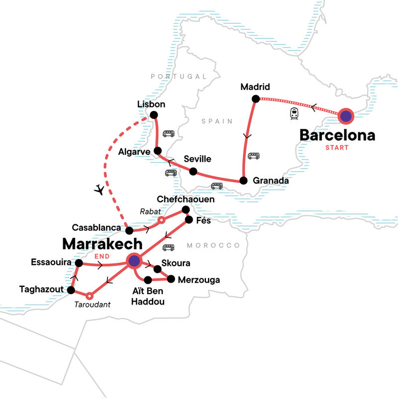 Map of the route for Explore Spain, Portugal and Morocco: Coastal Waves & Desert Dunes