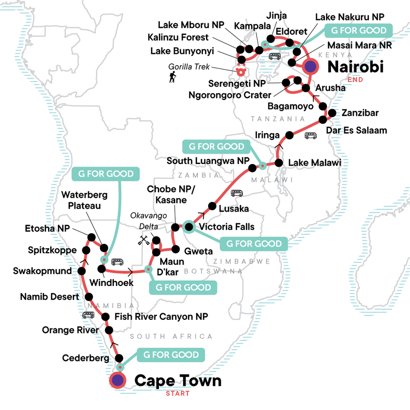 Map of the route for Absolute Africa Overland Safari & Participation Camping