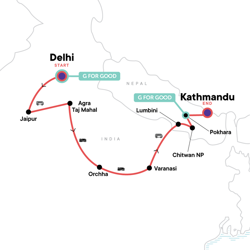 Map of the route for Delhi to Kathmandu Adventure