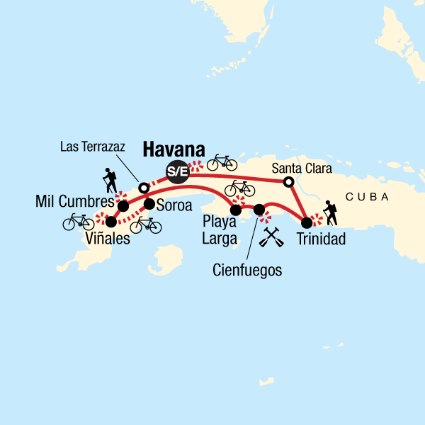 Map of the route for Cuba Multisport: Bike, Kayak, and Hike