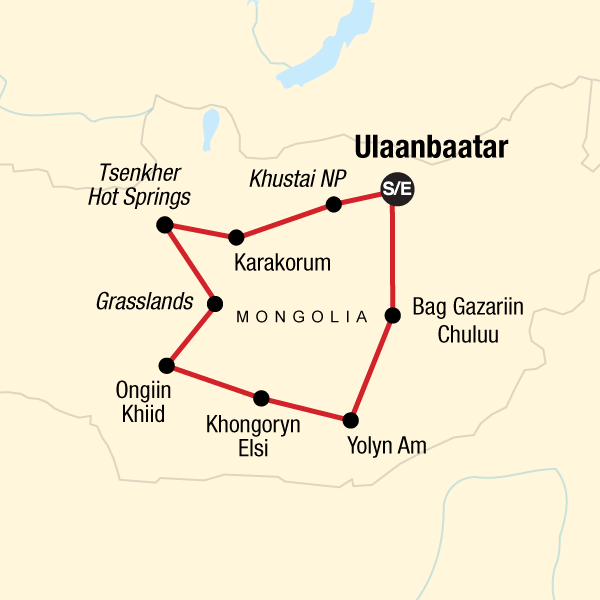 Map of the route for Nomadic Mongolia