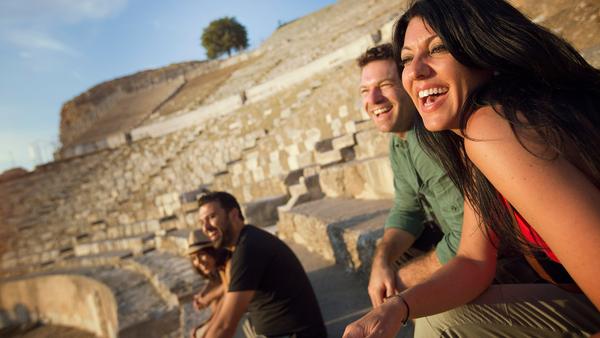 travellers seated on the steps at Selcuk Ephesus amphitheatre