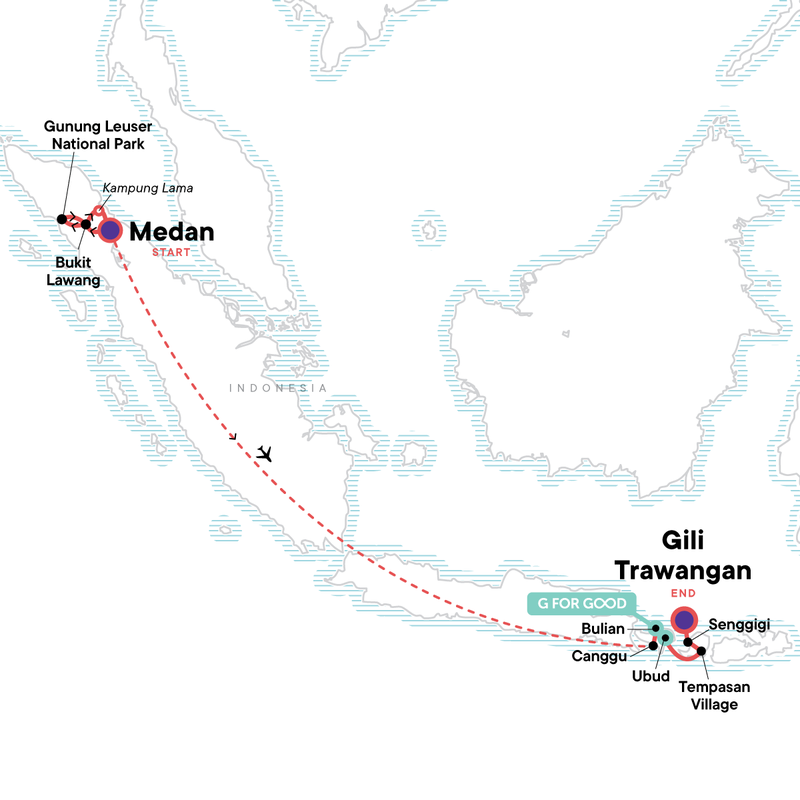 Map of the route for Wild Sumatra to Gili Bliss: The Ultimate Adventure