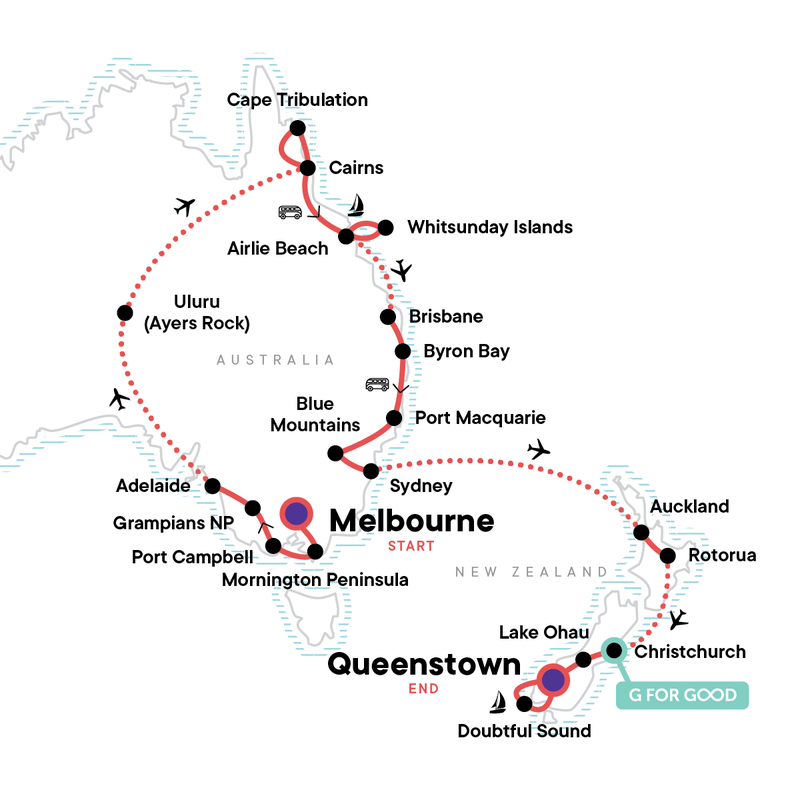 Map of the route for Australia & New Zealand Encompassed — Plus