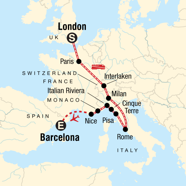 London to Barcelona: Tapas & Train Rides Map
