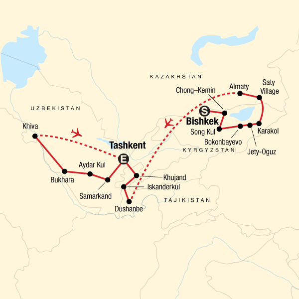 Multi-Stan Adventure - Bishkek to Tashkent Map