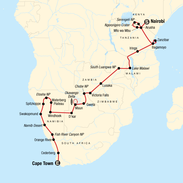 Serengeti, Falls & Cape Town Overland: Sunsets & Safaris Map