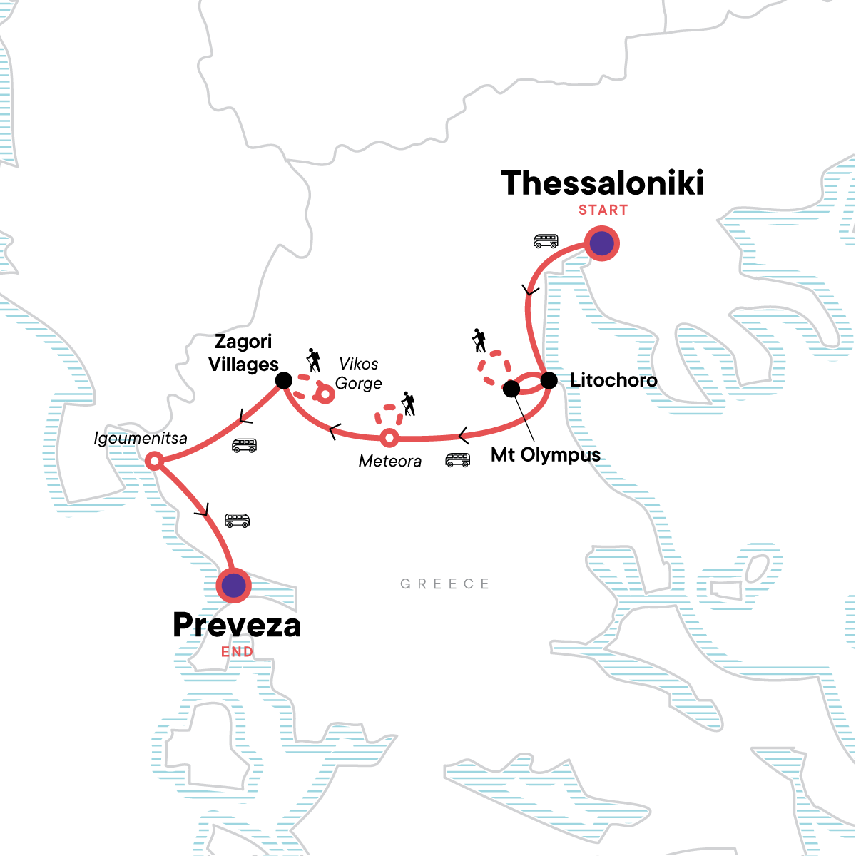 Tour Map tourhub | G Adventures | Hiking Northern Greece | Tour Map