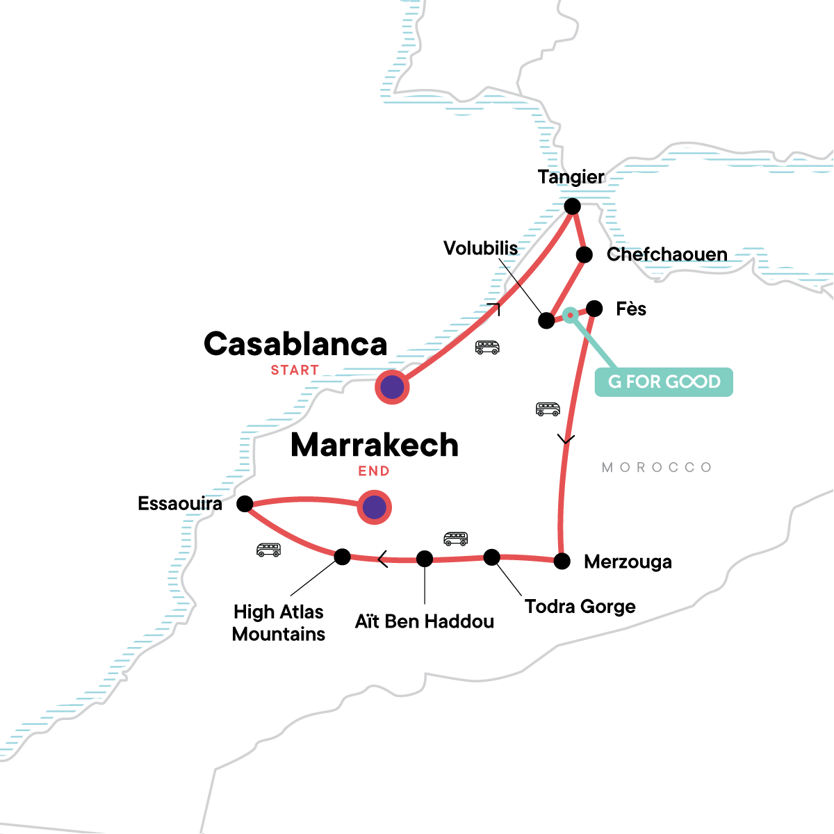 Tour Map tourhub | G Adventures | Highlights of Morocco | Tour Map