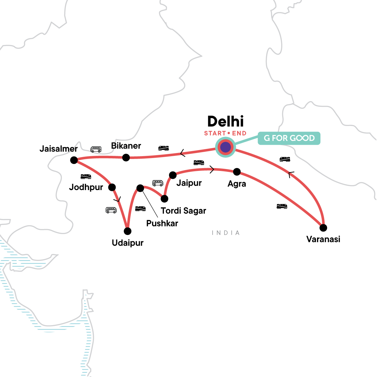 Tour Map tourhub | G Adventures | Rajasthan & Varanasi — Ancient Temples & the Taj Mahal | Tour Map