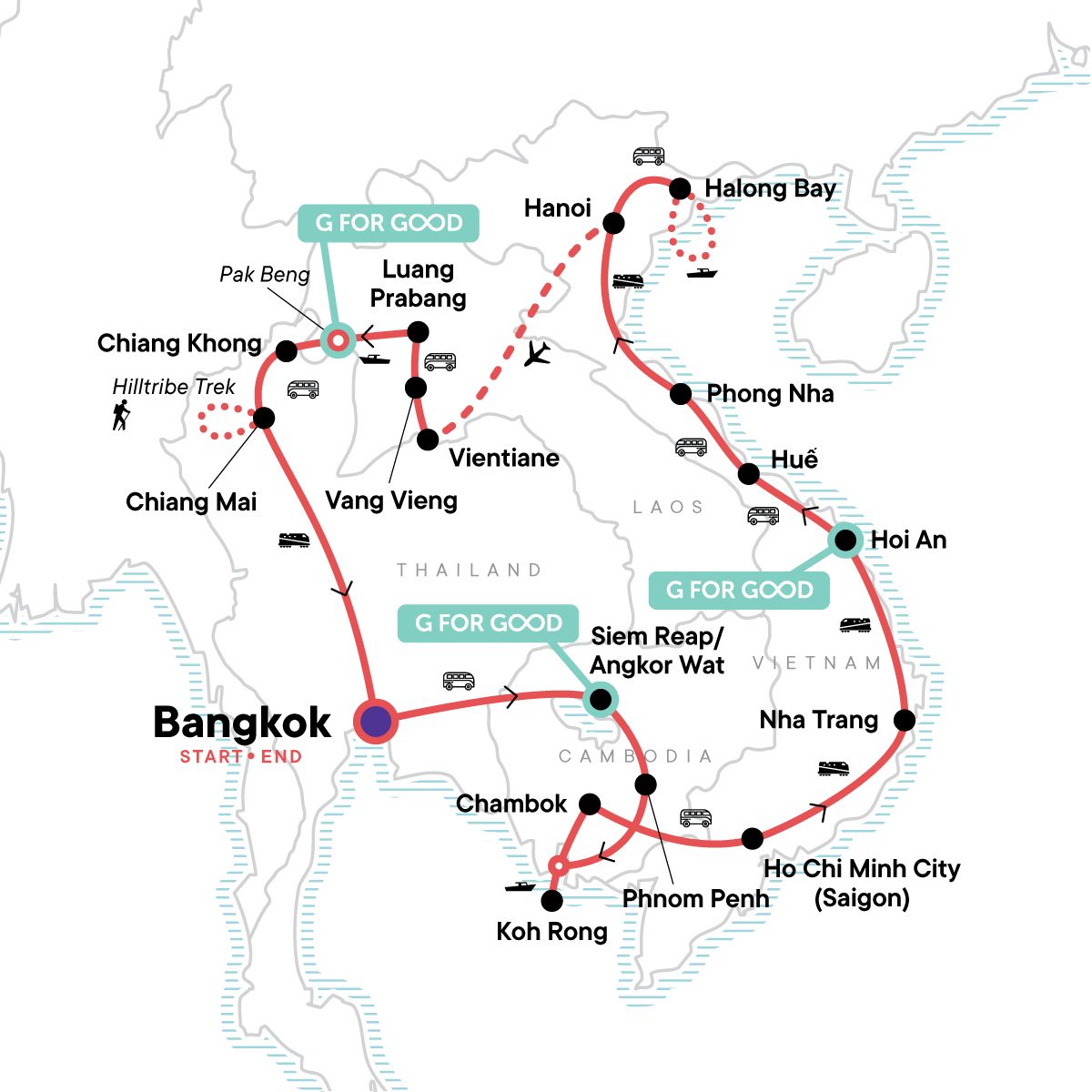 tourhub | G Adventures | Indochina: Northern Hilltribe Trekking & Beach Vibes | Tour Map