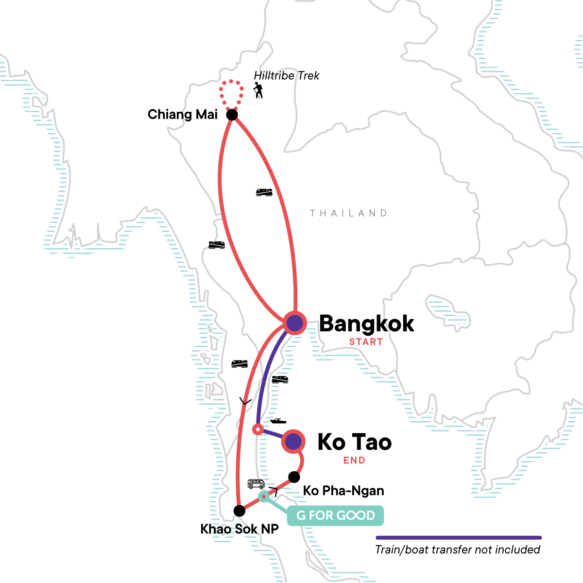 Tour Map tourhub | G Adventures | Thailand: Night Markets & Blue Waters | Tour Map