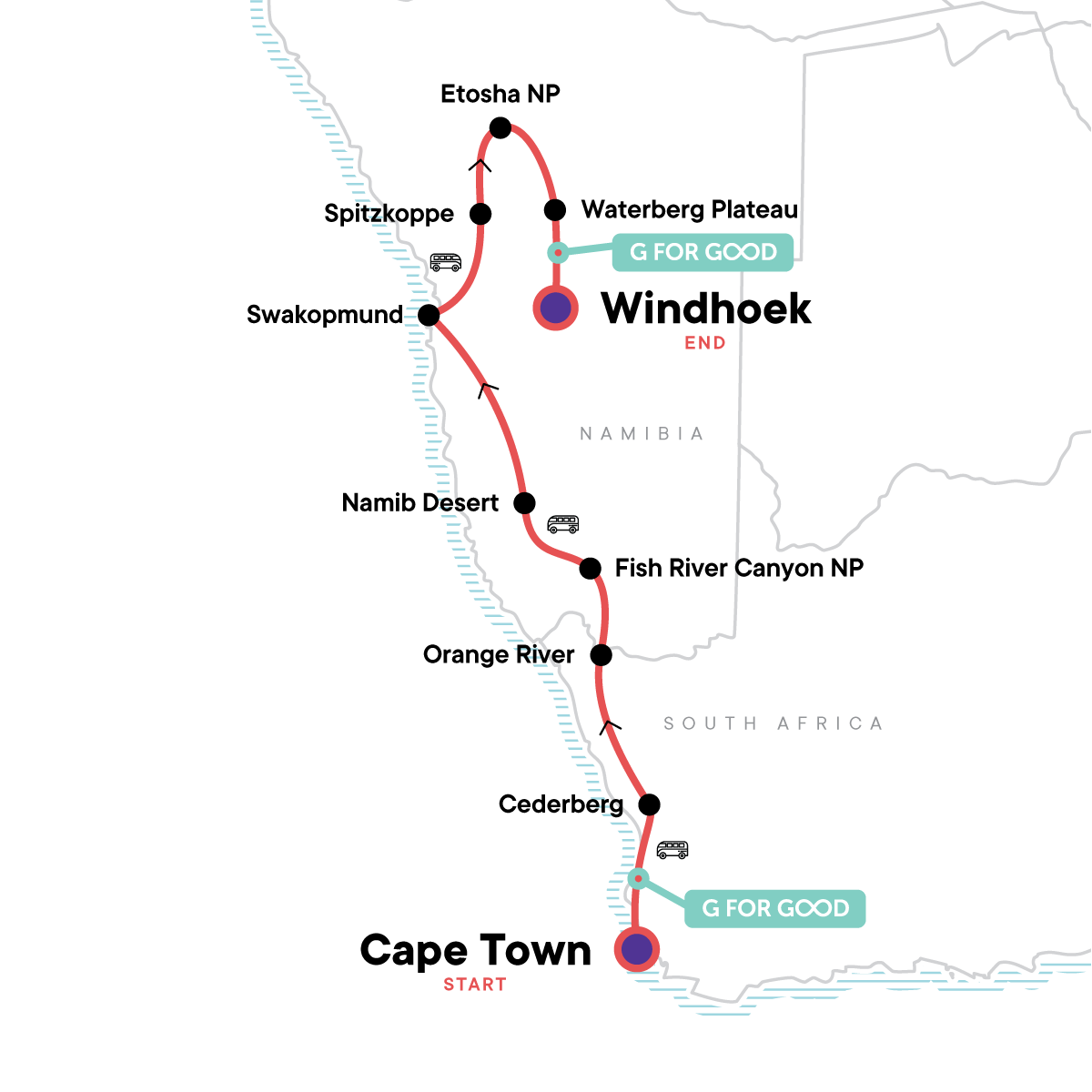 Tour Map tourhub | G Adventures | Cape & Dunes Northbound: Wildlife & Starry Night Skies | Tour Map