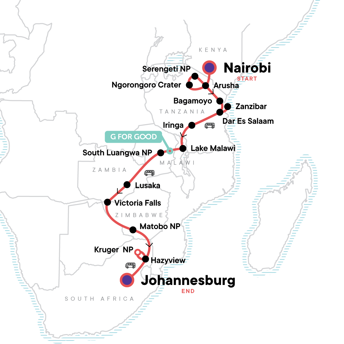Tour Map tourhub | G Adventures | Nairobi to Joburg Overland: Craters & Camping | Tour Map