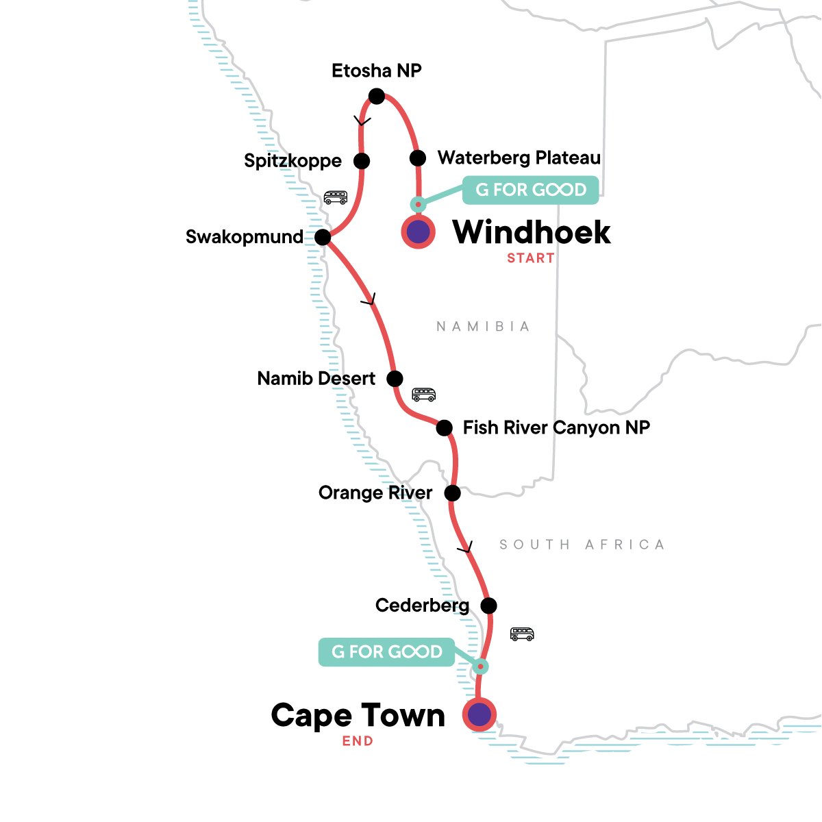 Tour Map tourhub | G Adventures | Cape & Dunes Southbound: Desert Camping & Safari Drives | Tour Map