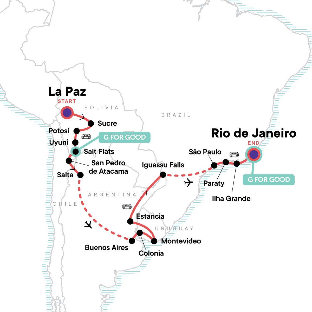 tourhub | G Adventures | Bolivia to Brazil: Highlands & Coastlines | Tour Map