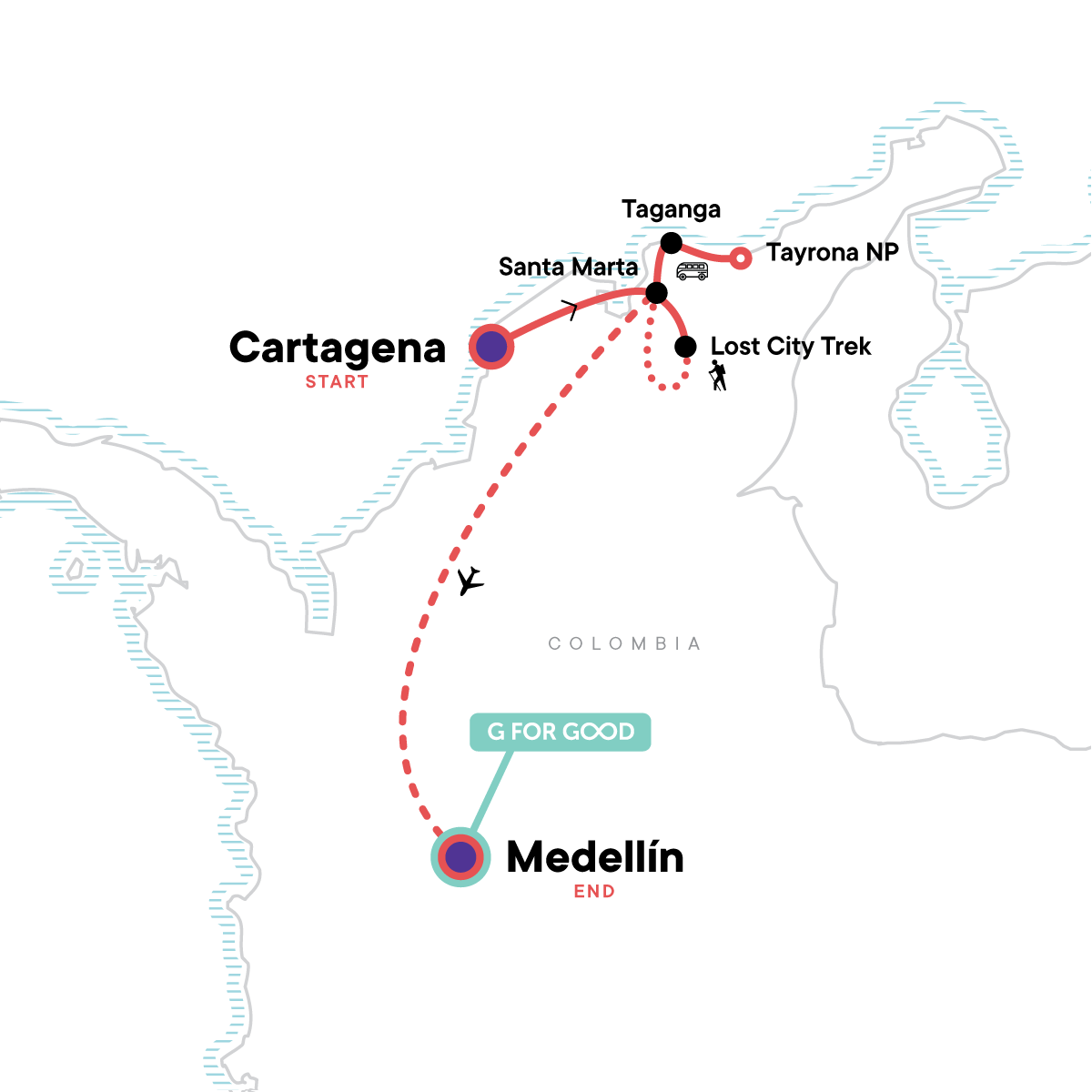 tourhub | G Adventures | Caribbean Adventure: the Lost City trek & Medellín | Tour Map