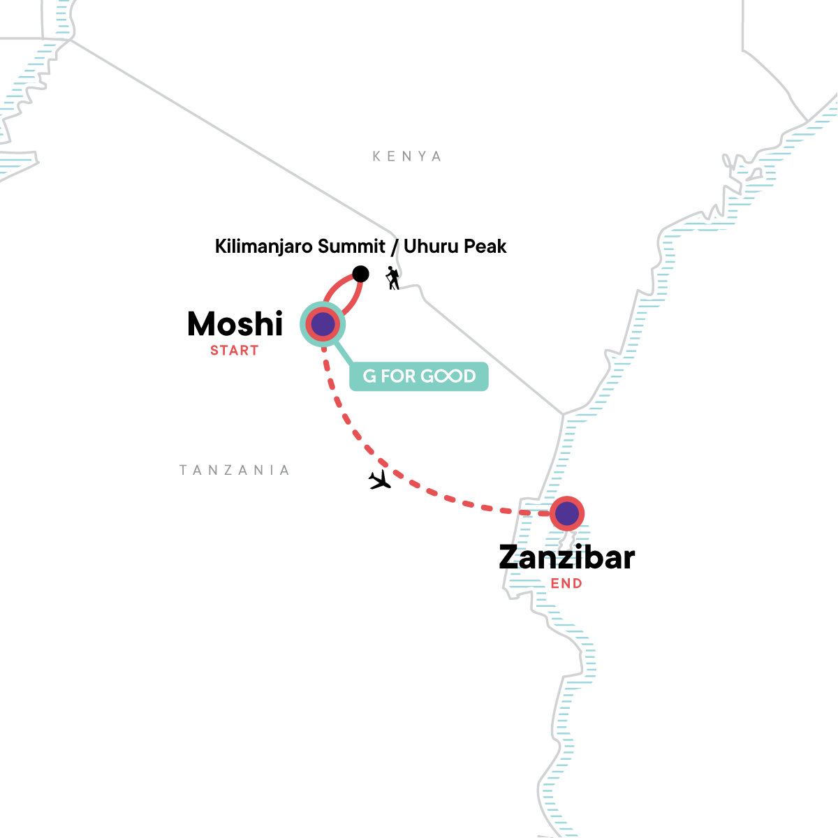 Tour Map tourhub | G Adventures | Kilimanjaro - Lemosho Route & Zanzibar Adventure | Tour Map